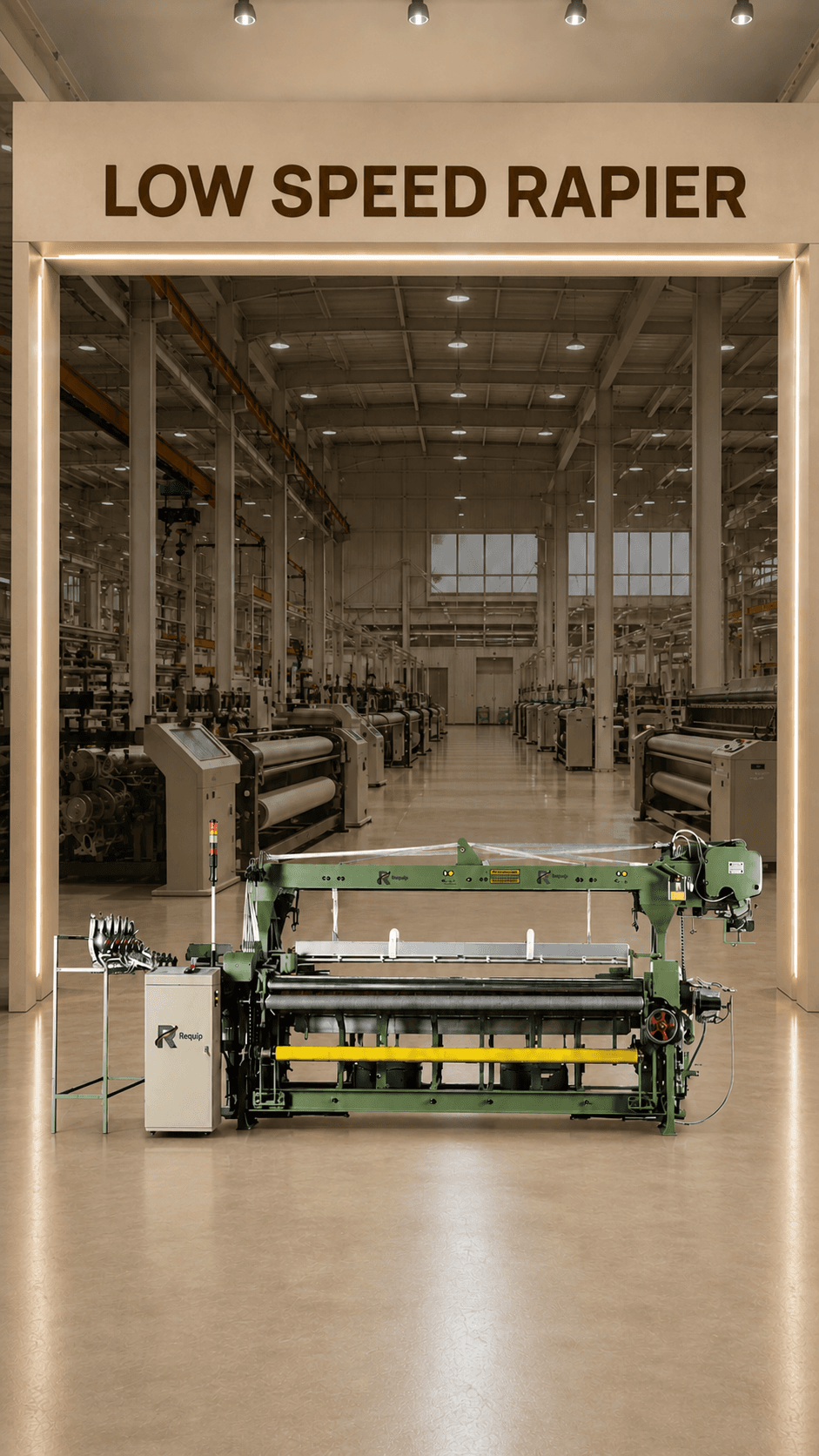 Requip RP787L low-speed rapier loom in an industrial showroom